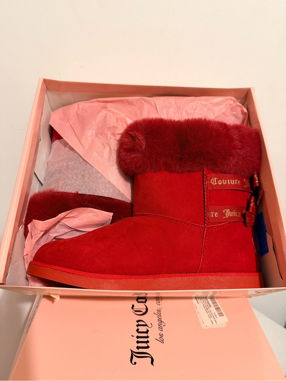 Juicy Couture J-Kaylin Red Faux Fur Bow Winter Boots NWOT